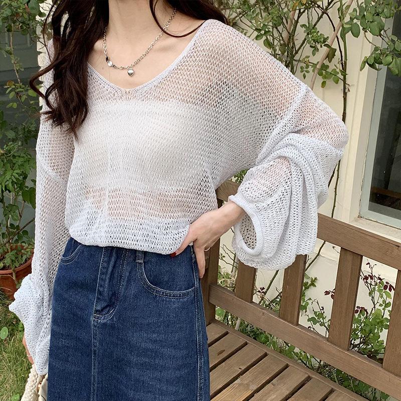 Полый свитер с длинными рукавами, нерегулярный тонкий дизайн, женский трикотажный топ с защитой от солнца, V-образный вырез, длинные рукава, свободный и ленивый