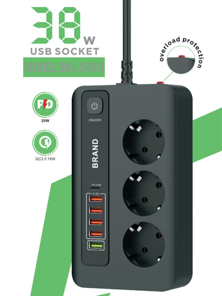 Розетка переменного тока ЕС, вставной удлинитель с двойной быстрой зарядкой, USB-удлинитель с перегрузкой