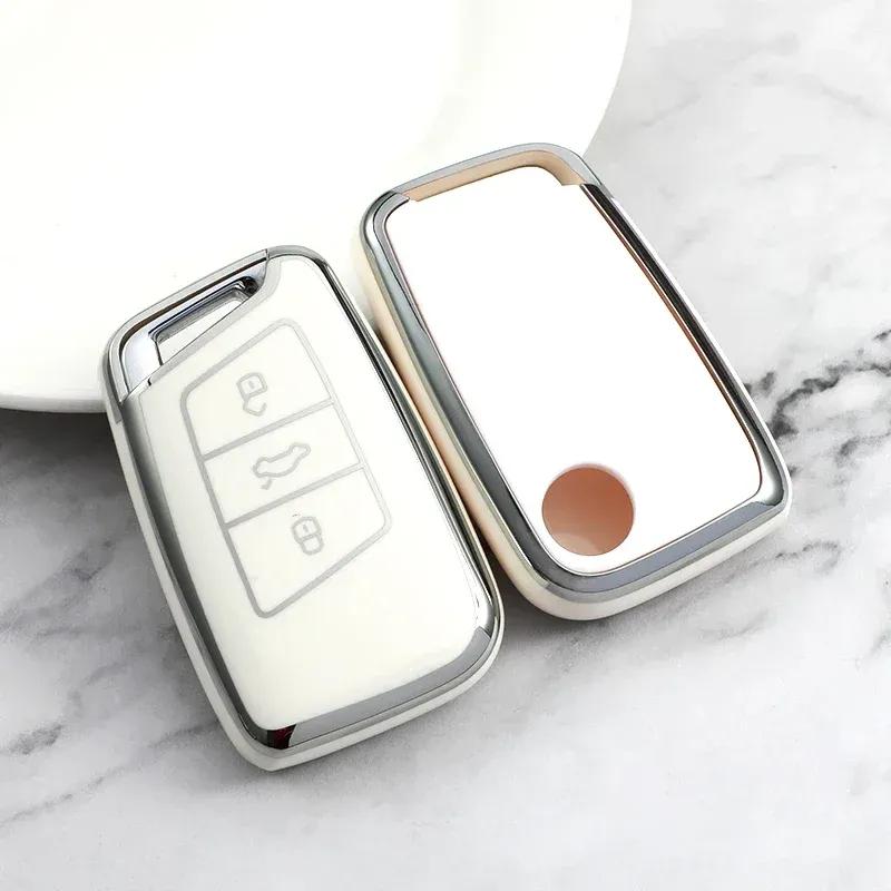 Car Key Case for Volkswagen CC PASSAT Magoan Lavida B8 Arteon Atlas 3 Interior Accessories Button Key Cover Silver Edge TPU