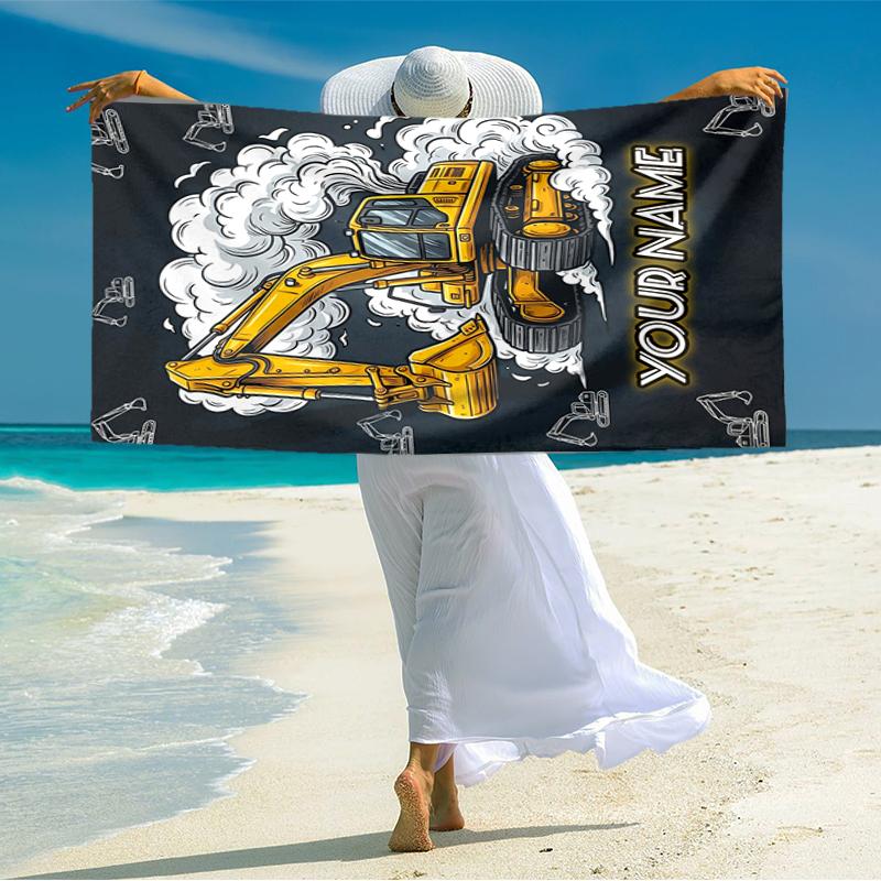 1PC Custom Name Excavator Dreams Beach Towel Highly Absorbent And Sand-Resistant Towel for Swimming, Pool, Yoga, And Travel Lightweight