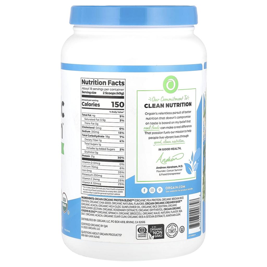Orgain Organic Protein and Greens Protein Powder, Plant-Based, Vanilla Bean, 1.94 Lbs (882 G)