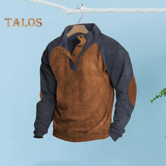 Весна Осень Мужская Толстовка Цветные Блоки Пэчворк Ретро Стиль Полуоткрытый Воротник-стойка Топ Плюс Размер Свободный Длинный Рукав Топ Повседневная Жизнь Офис