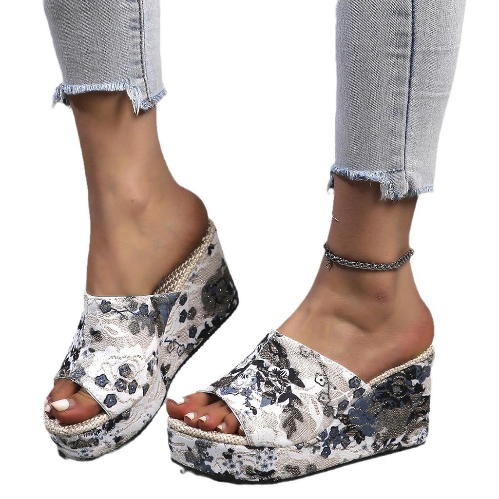Женская обувь, модная обувь, повседневные шлепанцы, летние винтажные шлепанцы с цветочным принтом и открытым носком