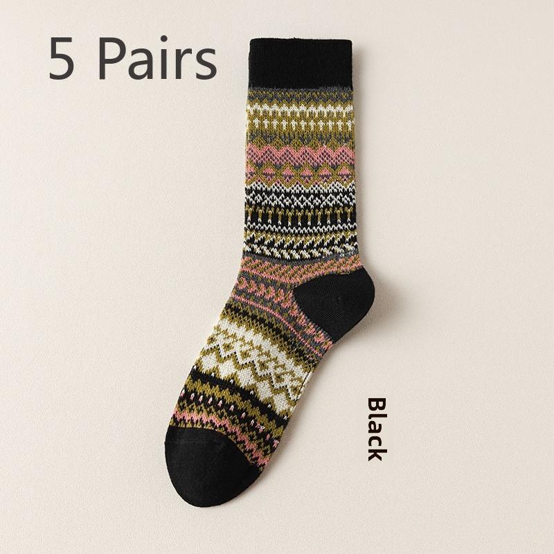 5 пар женских носков для осени и зимы с ворсом средней длины с узором Майяра, женские носки с дезодорирующим эффектом, хлопковые носки с двойной иглой для весенних и осенних дорог