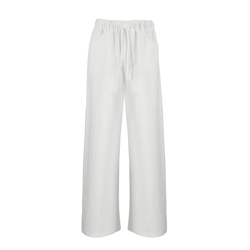 Womens Loose Wide Leg Cotton Pants With Elastic Waist Tie Detail White Casual Trousers Office Streetwear