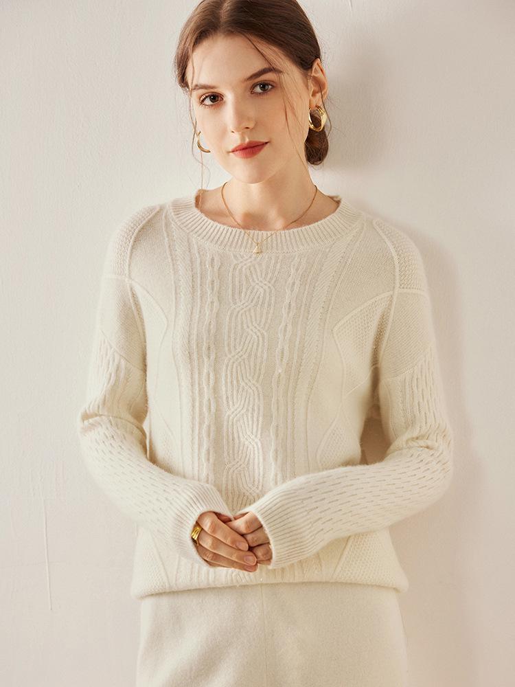 Women's Floral Cashmere Sweater—Round Neck, Drop Shoulder, Pullover, Solid Color, Versatile Knit, Perfect for Autumn and Winter.