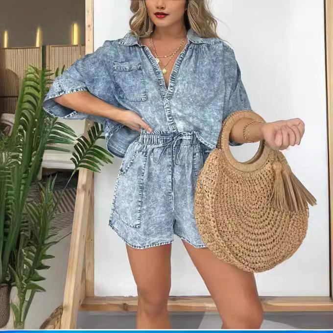 Summer Simple Fashion Pocket String Casual Loose Tops Shorts Sets Fashion Vintage Women Denim 2 Piece Set