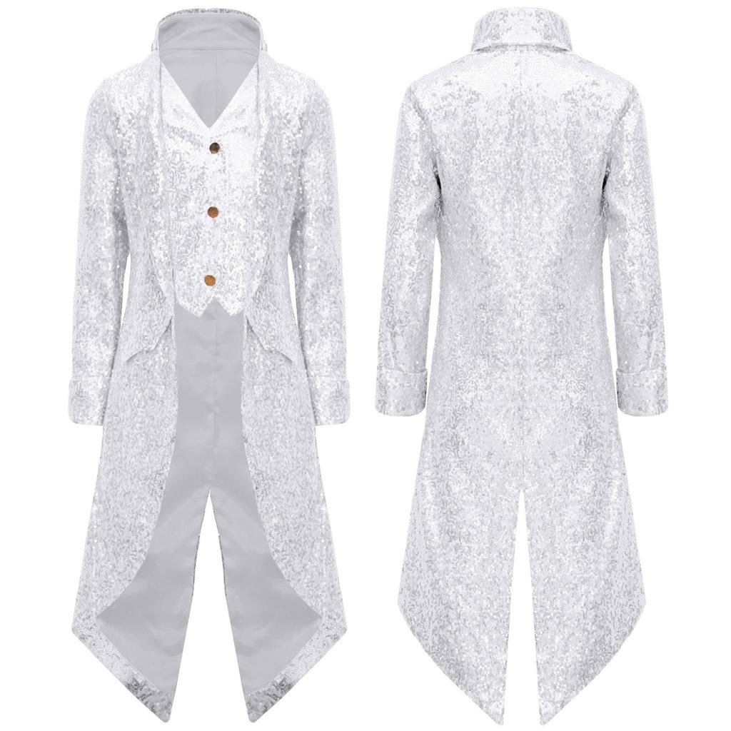 Мальчики Стимпанк Фрак Готический Викторианский Длинное Пальто Блестки Куртка Средневековый Костюм на Хэллоуин Фрак Наряд