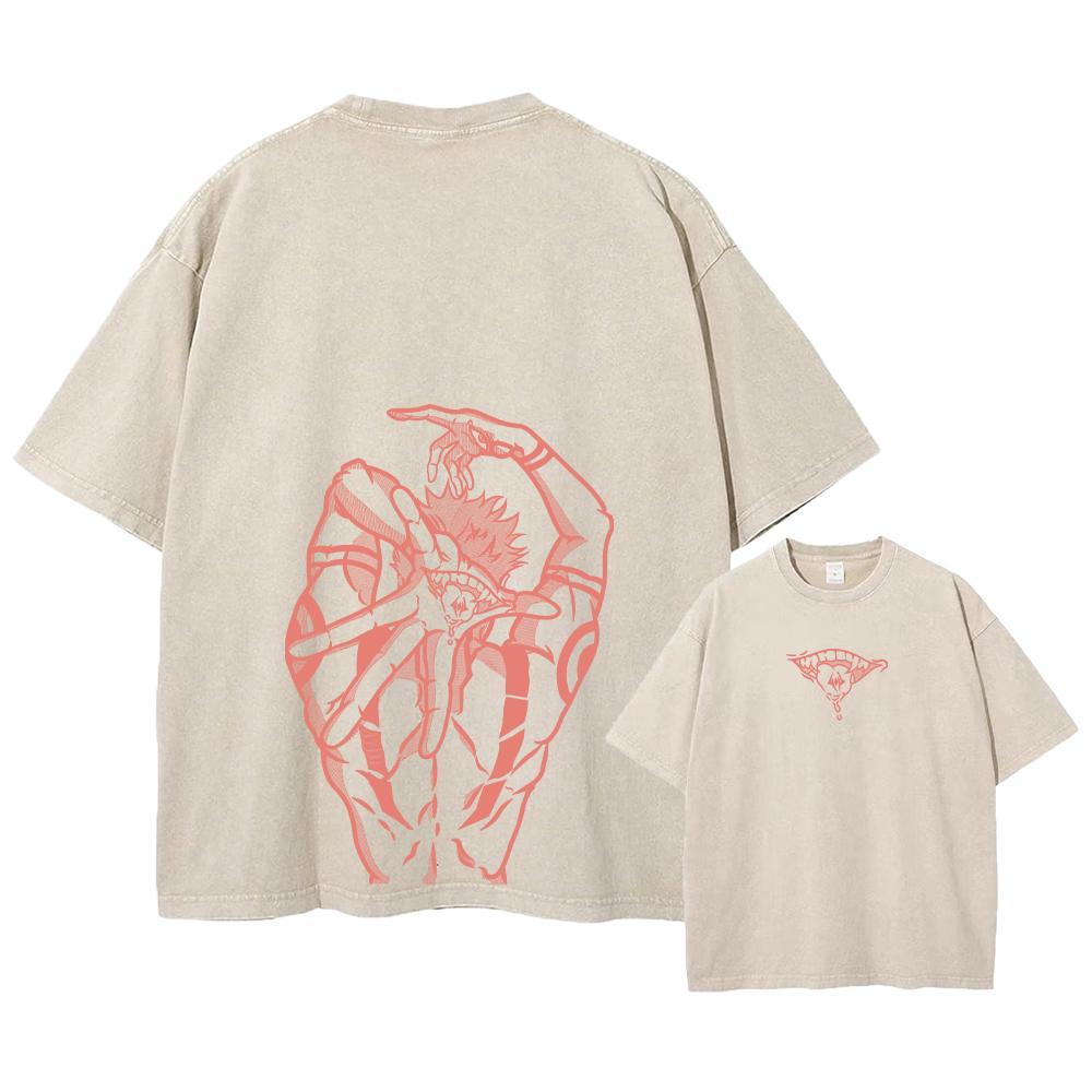Аниме Принт Уличная Одежда Винтажная Выстиранная Футболка Мужская Харадзюку Манга Графический Принт Годжо Кислотная Стирка Топы Футболка