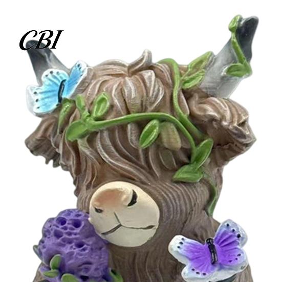 Chic Holiday Presents for Friends Lavender Highland Cow Resin Figurine, Cute Fluffy with Butterfly Bow & Floral Wreath, Garden Accents Pastel