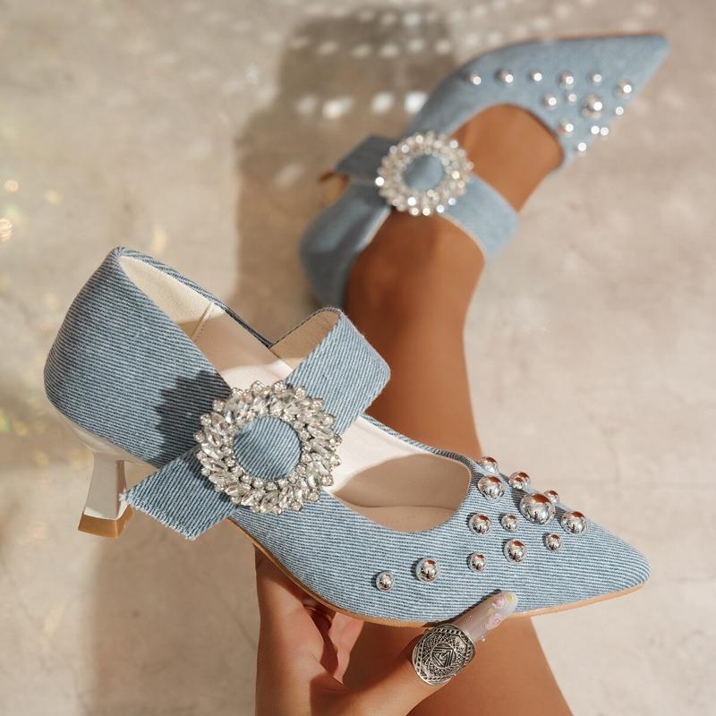 Studded Stiletto Single Shoes Summer Fashion New Pointed Toe Shallow Cloth Metal Buckle Non-slip High Heels
