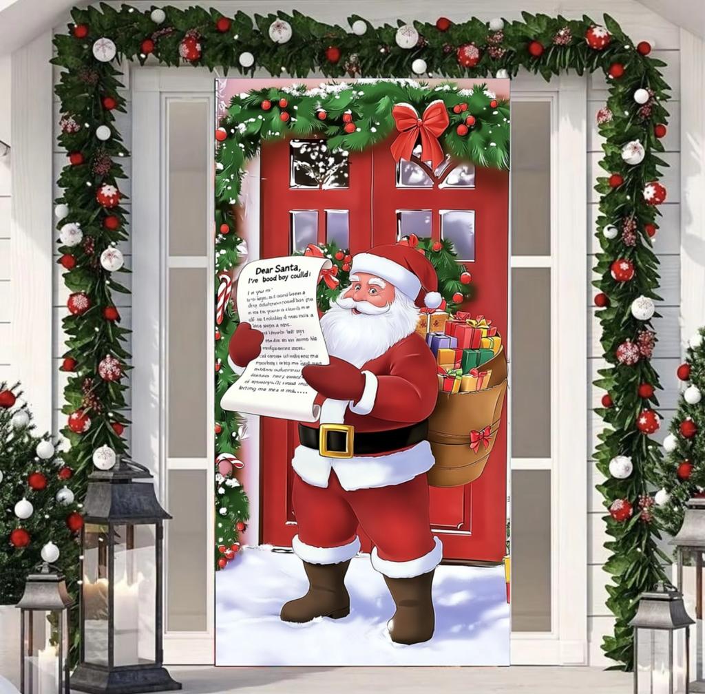 Santa Claus Read Gift List Lining for Christmas Doors Xmas Outdoor Decoration Door Cover for Front Door Home Xmas Party Supplies