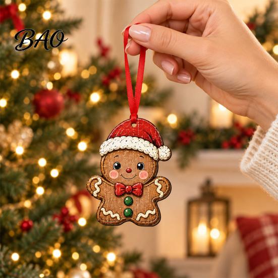 Decorative Wooden Crafts Christmas Tree Pendants with Red Rope, Cute Cartoon Hanging Ornaments Gifts for Family Holiday Home Decoration, Fireplace And