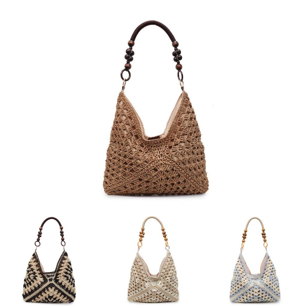 Woven Tote Bag For Women Summer Beach Fashion Large Capacity With Color Blocked Bead Decoration