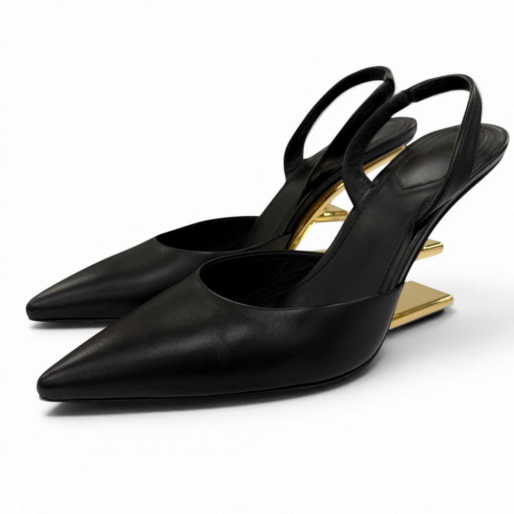 Great FENDI pumps FIRST F-design heel slingback leather shoes black Women 36 Used