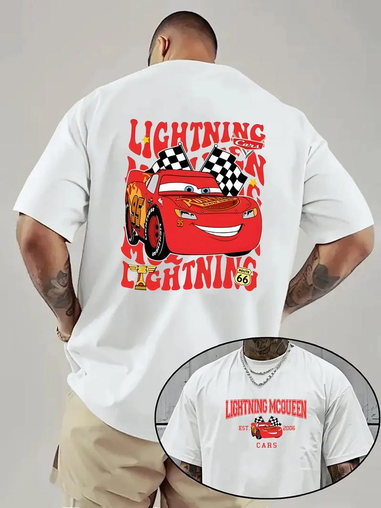 Disney Flash McQueen Car Print Men's T-shirt, 100% Pure Cotton Short-sleeved, Casual, Comfortable and High-quality Men's Top