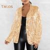 Women Suit Coat Lapel Long Sleeve Single Breasted Suit Jacket with Flap Pockets Shiny Sequins Loose Fit Outwear