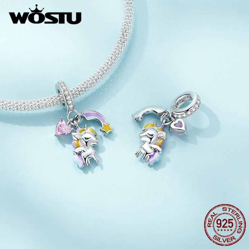 WOSTU 925 Sterling Silver Rainbow & Unicorn Bead Lovely Horse Pendant Charm for Women Original Necklace Bracelet