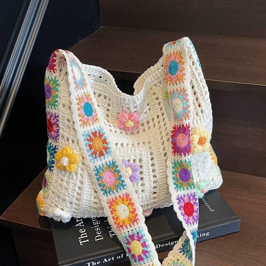 Вязаная вручную шерстяная сумка с мотивом подсолнуха для женщин - Большая вместительная сумка через плечо с освежающим пляжным стилем