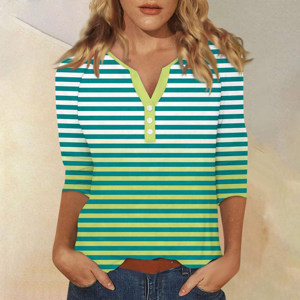 Жен. Футболка Футболка С принтом Пуговицы Рукав 3/4 Повседневные Выходные Мода Классический Классический V-образный вырез Обычный Верх