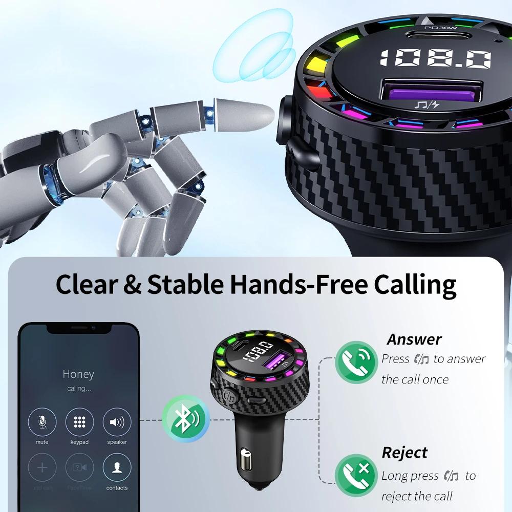 Bluetooth 5.3 FM Transmitter Car Charger with Dual USB & Type-C Fast Charging, MP3 Player, Hands-Free Calls, 12-24V Compatibility