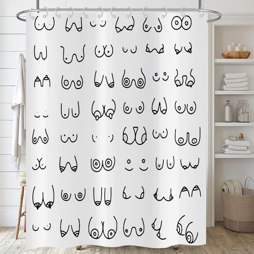 Black Shower Curtain 180x 210cm, Modern Fun Graffiti Line Washable Bathroom Decoration Textile Shower Curtain