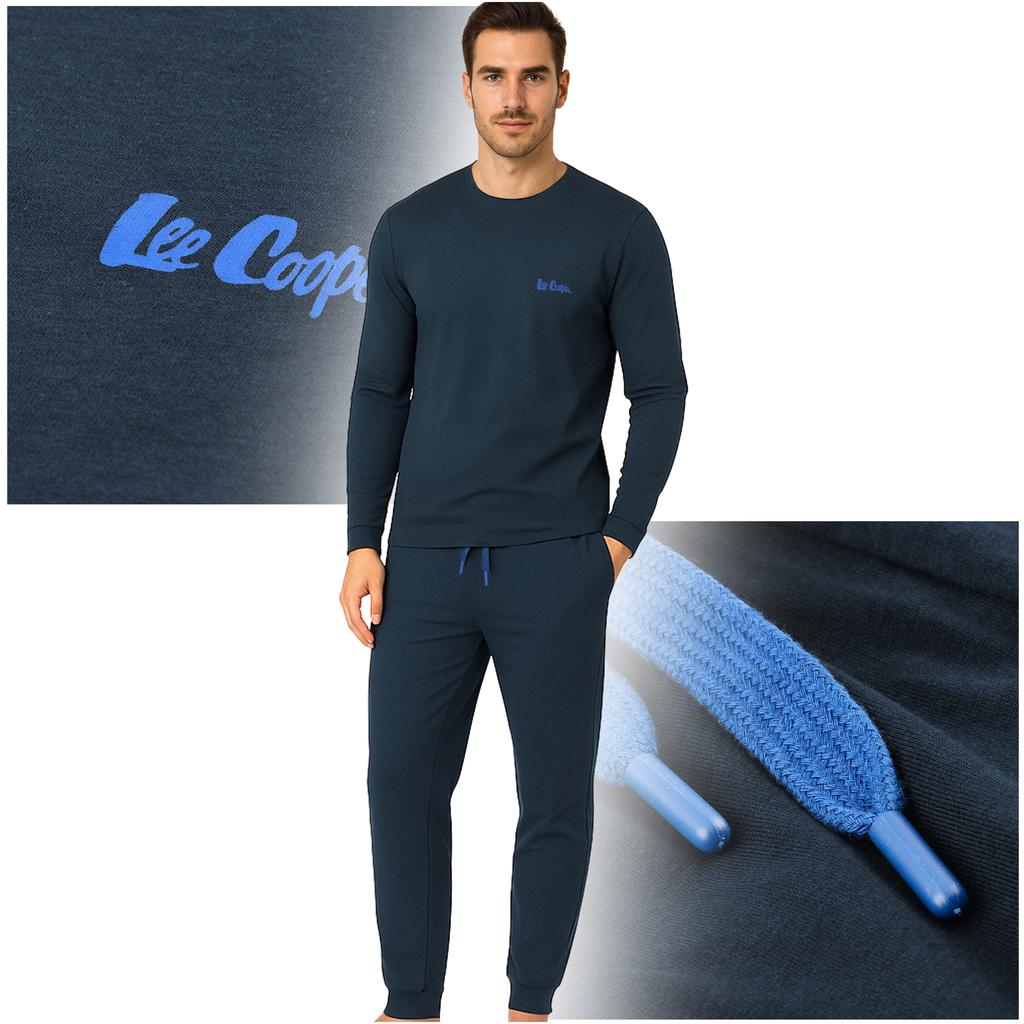 Lee Cooper Men's Long Cotton Pajama Set Navy Blue Logo
