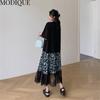 MODIQUE Summer Plus Size Women Loose Versatile A-Line Floral Print Lace Patchwork Pleated Cotton T-Shirt Long Dresses Female Casual O-Neck Dresses