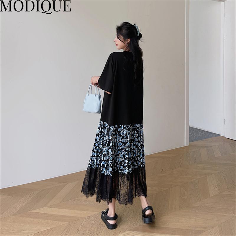 MODIQUE Summer Plus Size Women Loose Versatile A-Line Floral Print Lace Patchwork Pleated Cotton T-Shirt Long Dresses Female Casual O-Neck Dresses