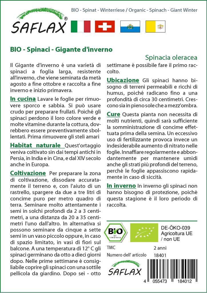 SAFLAX Garden in the Bag - Органический - Шпинат - Giant Winter - 250 семян - С субстратом в подходящем пакете - Spinacia oleracea