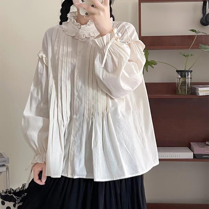 Johnature Рубашка с отделкой в виде грибка, рубашка в стиле ретро со складками и шнуровкой, весенние рубашки из японского хлопка