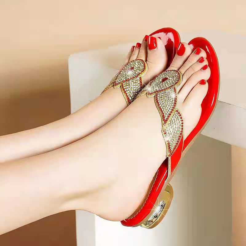 Women's Shoes Rhinestone Sandals Women's Soft Leather Bottom Flip-flops Korean Version Beach Shoes