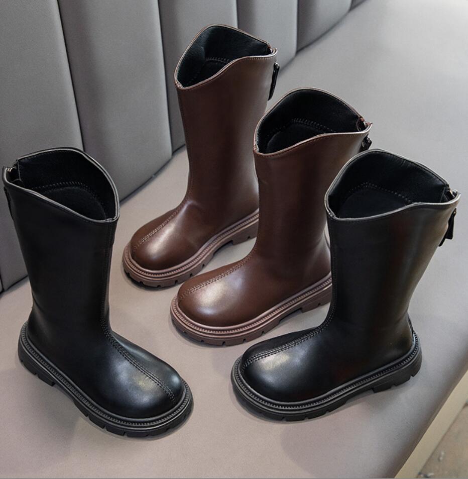 Fashion Girls' Long Boots 2024 Winter New British Style Black Children's Knight Boots Princess Girl Back Zipper Knee-High Boots 4-15 Yea