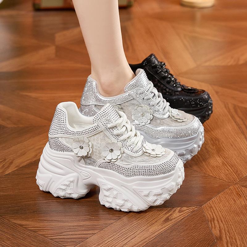 Модные Высокие 10СМ Воздушная Сетка Синтетическая Кожа Блестящие Повседневные Платформа Танкетка Балетки Женские Вулканизированные Полые Летние Массивные Кроссовки Обувь