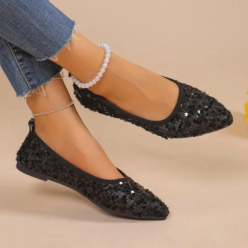 Fashion 2024 Hot Sale Women's Shoes Shallow Women's Flats Fashion Sequins Casual Flat Shoes Sexy Pointed Toe Plus Size Flat Low Heels