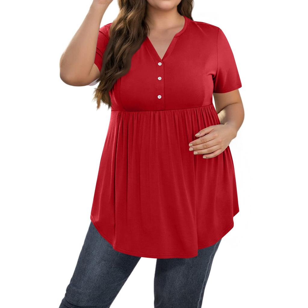 Women's Solid Color Large Size V Neck Button-Up Top Casual Short Sleeve Flowy Top
