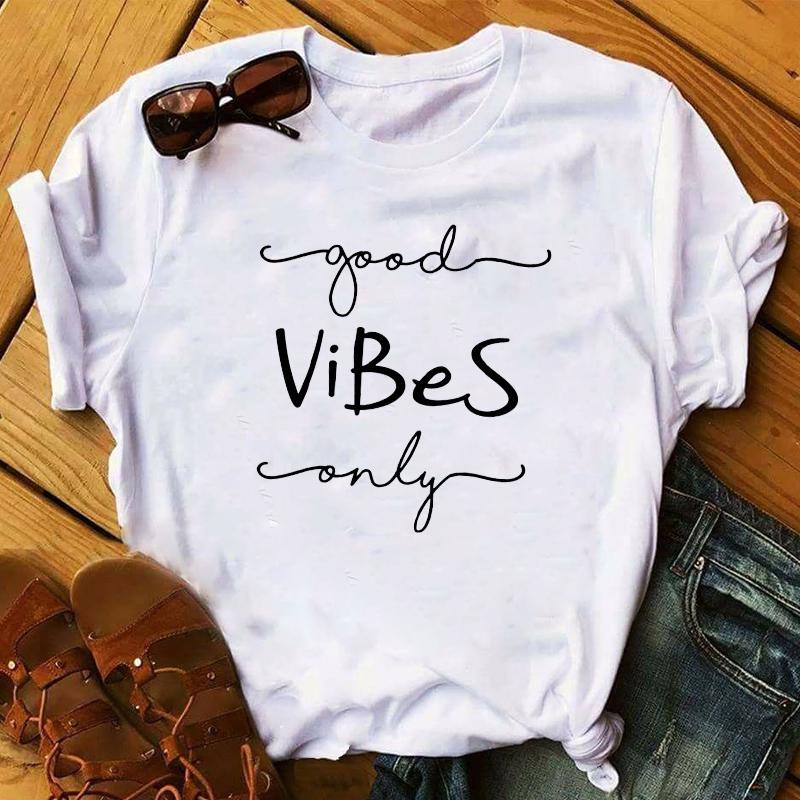 New Women T-Shirt 2023 Good Vibes Letters Fashion Top Female T Shirts Harajuku Streetwear O-Neck Short Clothes Ladies Tshirts