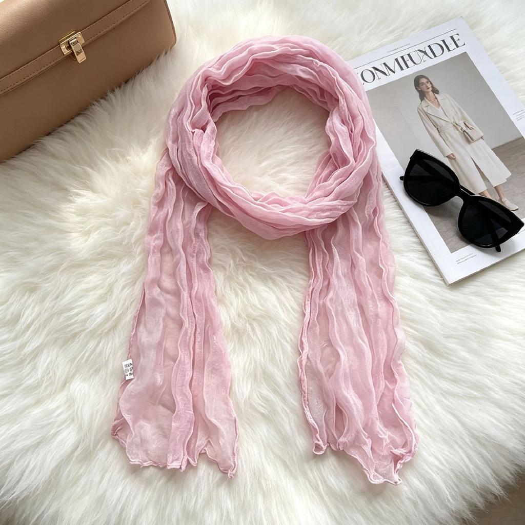 Japanese tie-dye cotton and linen scarf women's spring and autumn black literary and retro pleated silk scarf versatile fashion thin scarf