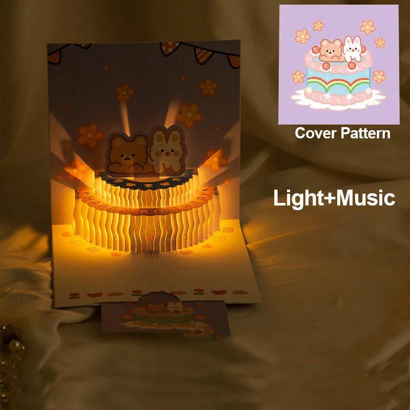 3D Pop Up Light Music Birthday Card Cute Bear Cake Greeting Cards Happy Birthday Party Surprise Blessing Card Gifts