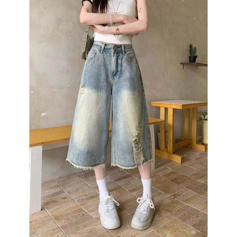 Lazy Style Ins Denim Capri Pants Women Loose Straight Leg Jeans Streetwear