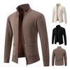 Men Knitted Jacket Stand Collar Long Sleeve Zipper Closure Sweater Coat with Pockets Thickened Plush Lining Knitwear