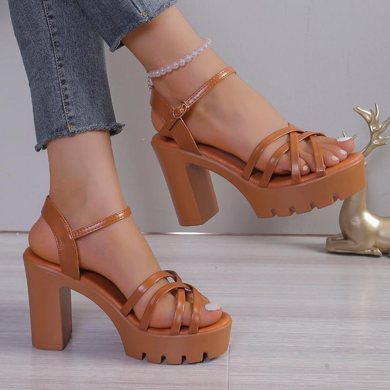 Summer Solid Color Open Toe Women's Sandals Casual Large Size Thick Heel One-line Buckle Strap Roman Women's High Heel Sandals