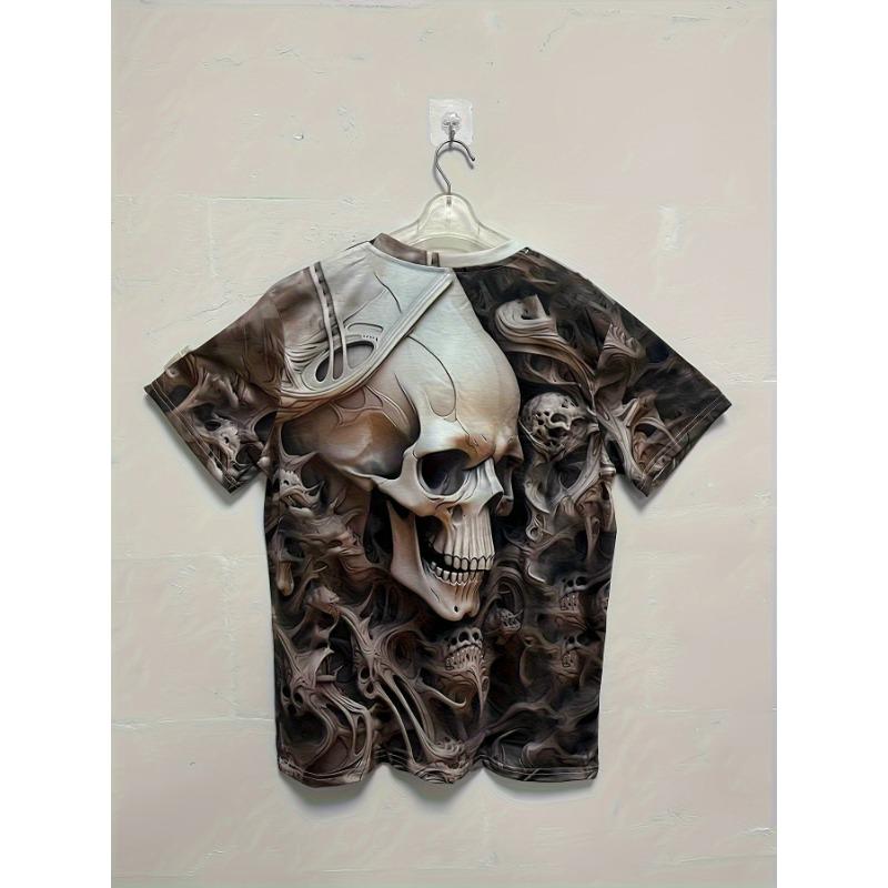 Cool Realistic Bone Structure Design Men's Tee Short Sleeve Round Neck Casual Summer Top Unique Gothic Style Clothing For Bikers