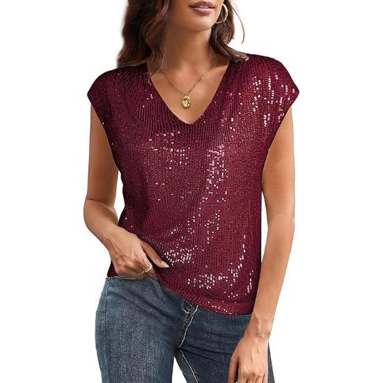 GMXIA Spring and Autumn Insert Rotator Sleeve Sequin Slim V-neck Solid Color Top T-shirt Woman