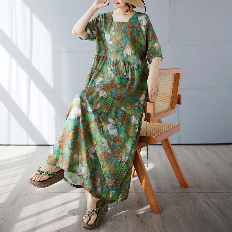Dimanaf 2025 Summer Women Plus Size Dress Vintage Printing Flower Casual Loose Long Holiday Dress New Oversized