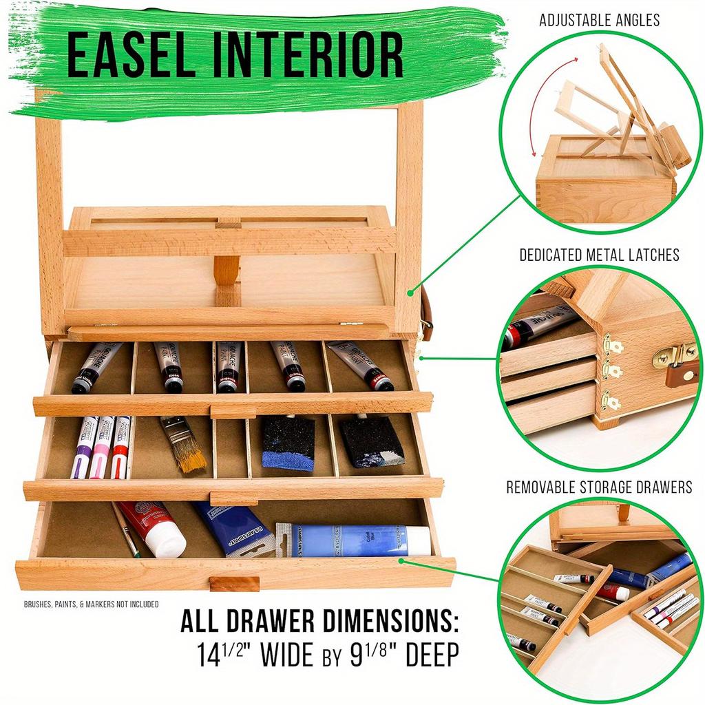 1 or 3 Layers 1pc Portable Wood Artist Painting Easel with Fold Down,drawer Can Store Brush&paint box,Outdoor Sketching Stand with Handle.
