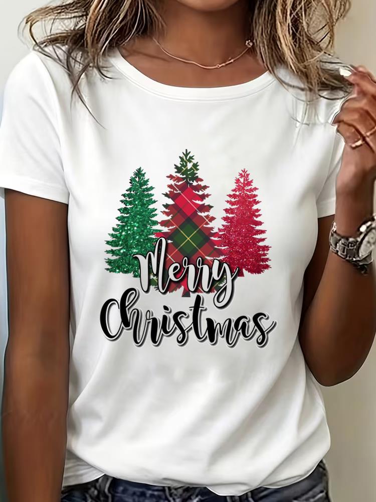 (Asian Size) watercolor tree Clothing New Year T Shirt Women Fashion Christmas Festival Tee Top Print Woman Short Sleeve Graphic T-shirts