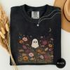 Ghost in a Wildflower Meadow Under Bats Shirt, Floral Ghost Halloween Tee, Cottagecore Fall Gift, Cute Ghost Tee, Spooky Season Tee