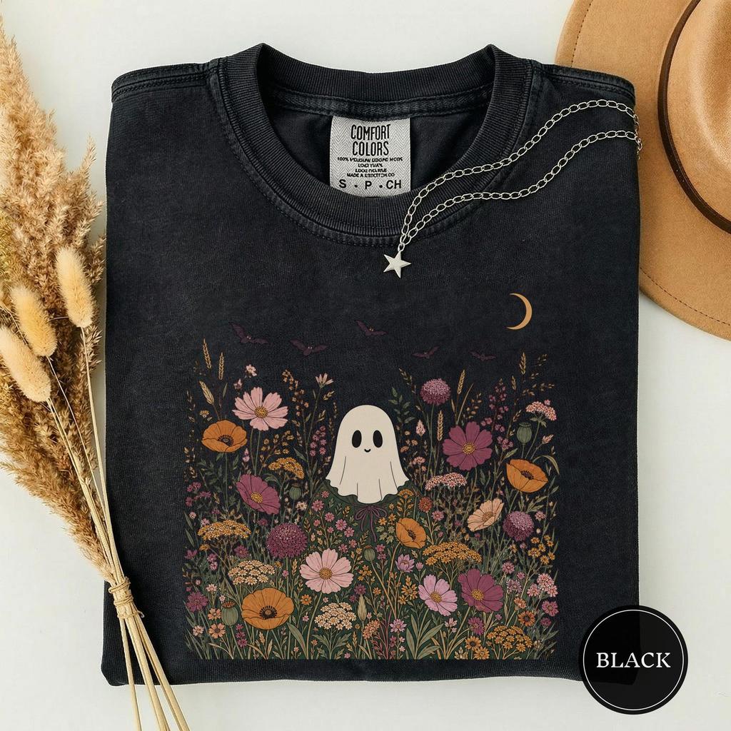 Ghost in a Wildflower Meadow Under Bats Shirt, Floral Ghost Halloween Tee, Cottagecore Fall Gift, Cute Ghost Tee, Spooky Season Tee