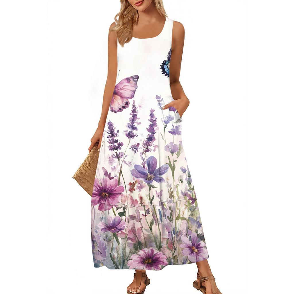 Женский повседневный сарафан длиной до пола, летнее пляжное платье, круглый вырез, без рукавов, свободный сарафан с принтом
